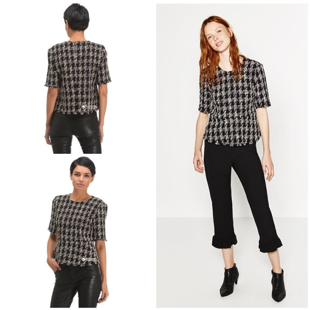 Zara Tweed  Boulce Houndstooth Peplum Knit Short Sleeves Blouse Top M​​​​​